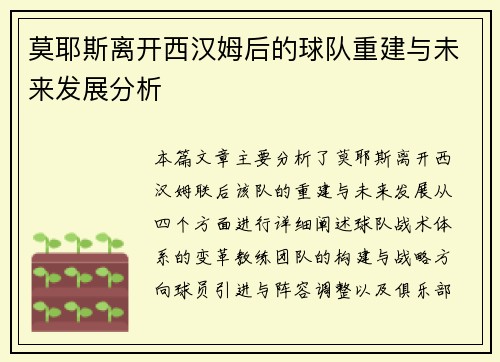 莫耶斯离开西汉姆后的球队重建与未来发展分析